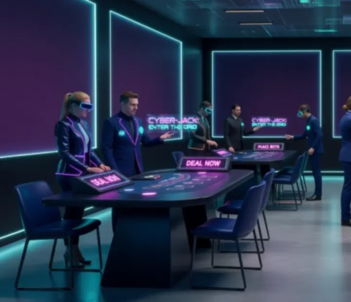 Kyberpunkový blackjack setup s neonovým nasvícením a temnou lounge atmosférou