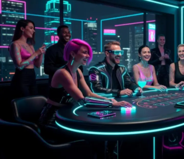 Neonově nasvícený večerní event s blackjackovým stolem a hosty