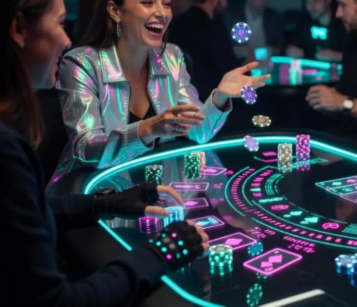 Hosté u blackjackového stolu během neonového večera