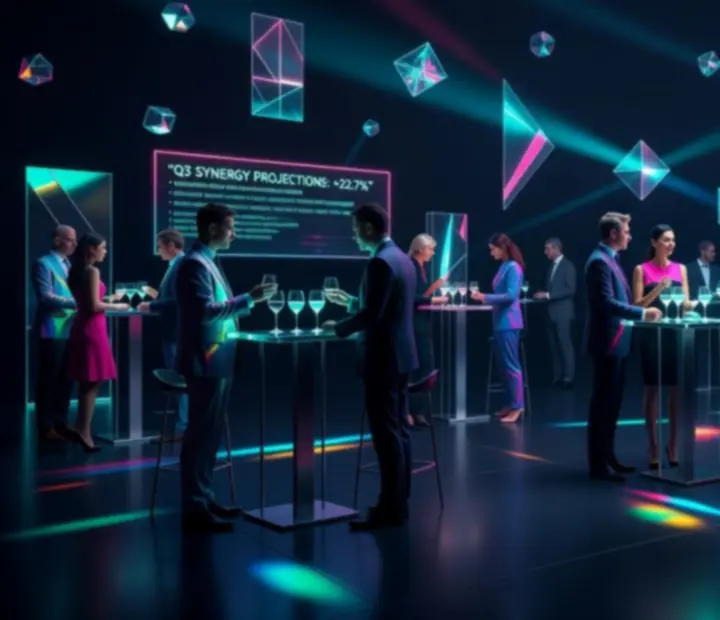 Futuristický firemní večer v neonovém cyberpunk prostředí