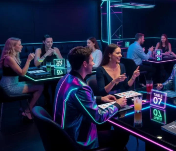 Futuristický večerní event s hosty u stolů v neonovém světle