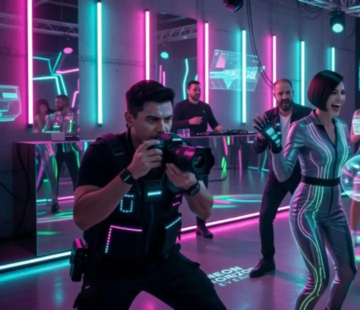 Fotograf zachycující hosty na neonově laděném večírku