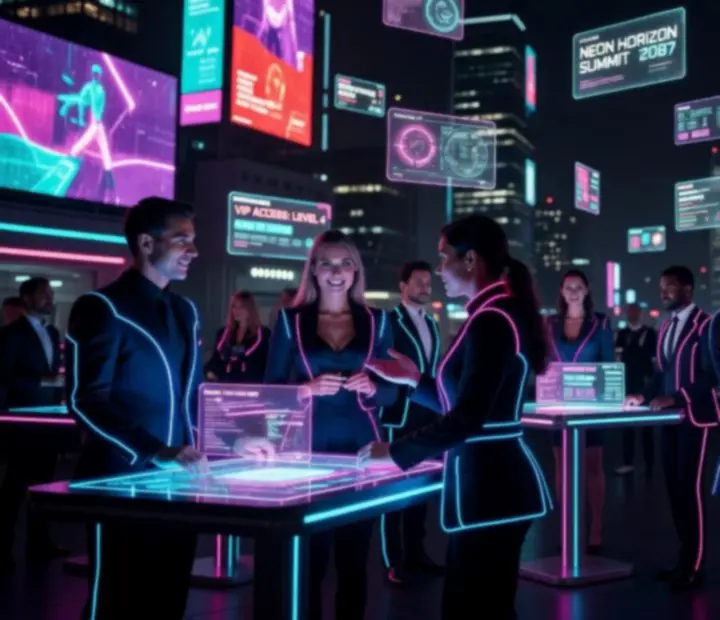 Tým moderátorů a hostesek v cyberpunk stylu na večerní akci