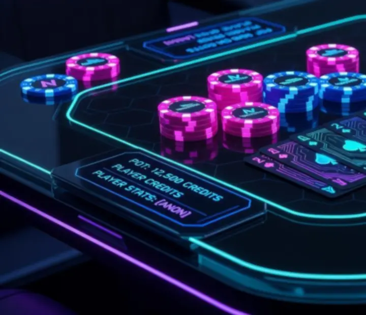 Luxusní pokerové vybavení v cyberpunk stylu se svítícími žetony a digitálními panely