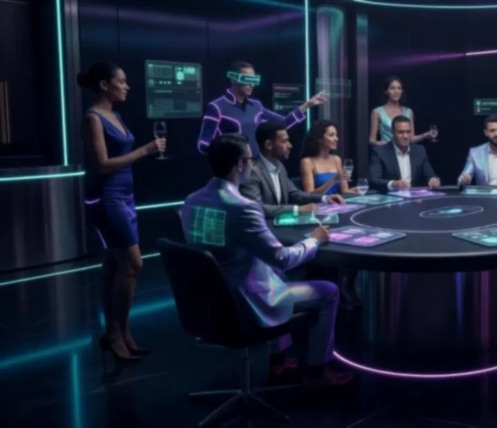 Futuristický pokerový večer v cyberpunk prostředí s hosty u stolu