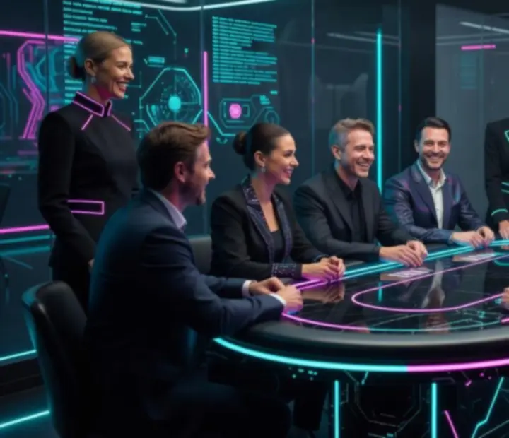 Profesionální moderátoři vedou pokerový večer v neonově nasvíceném prostředí