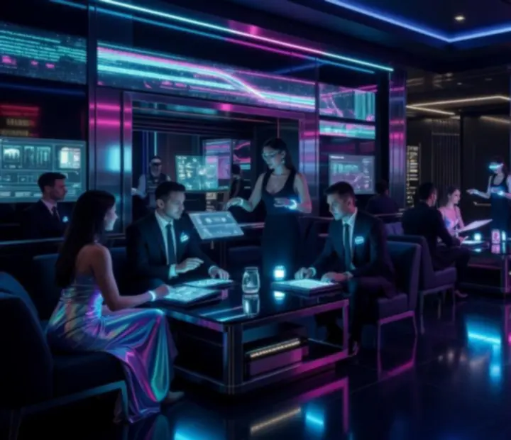 Futuristický večerní event v neonovém stylu s hosty u tematických stolů